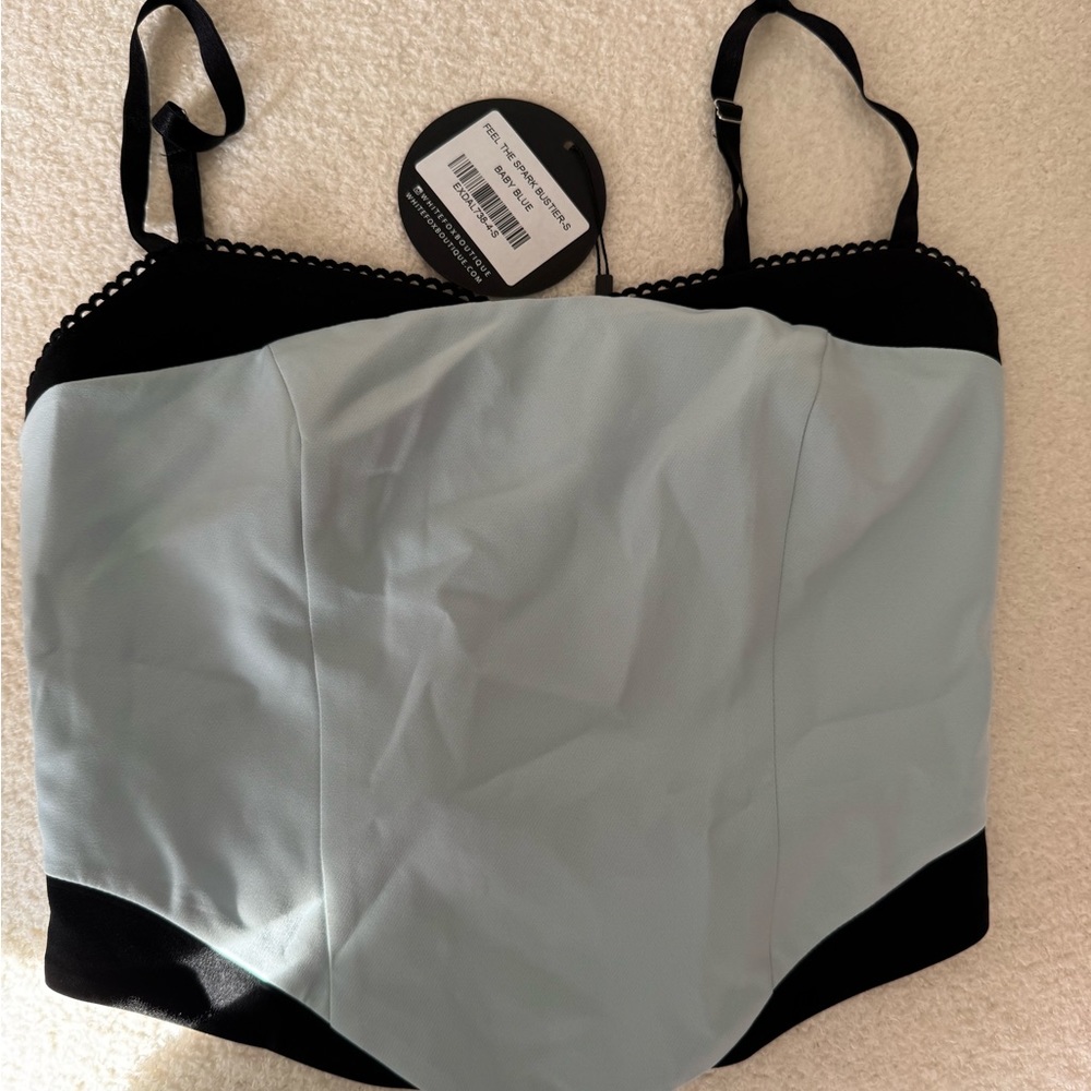 White Fox Boutique Black and Light Blue Top